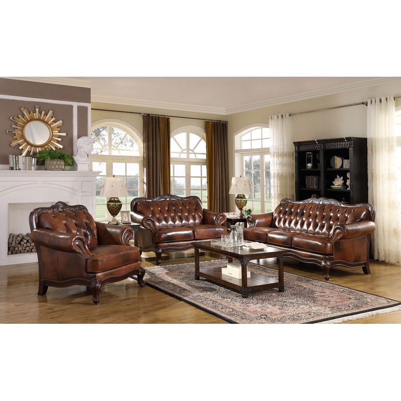 Victoria 3-piece Full Leather Upholstered Sofa Set Brown