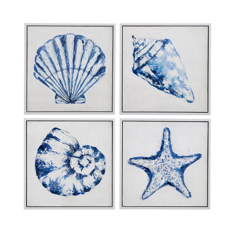 Shells Framed Canvas (Set of 4) – Blue / White