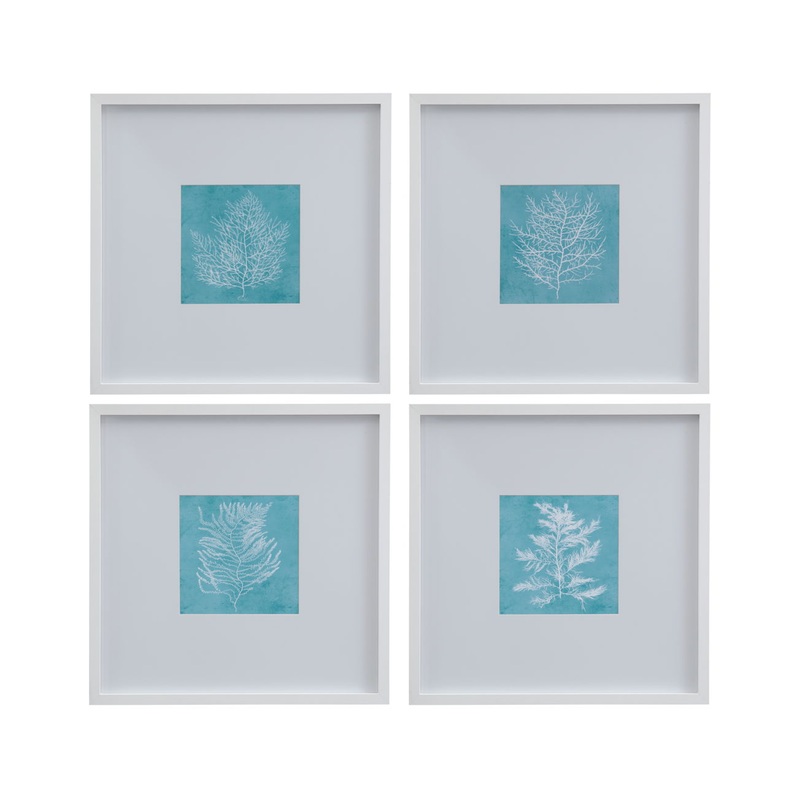 White Coral On Blue Framed Print (Set of 4) – Blue / White