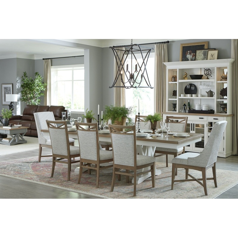 Americana Modern Dining – Extendable Trestle Table With 8 Upholstered Chairs – Light Brown
