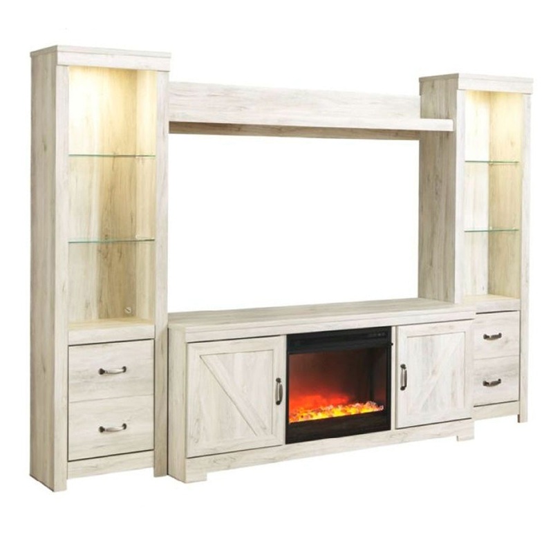Bellaby – Whitewash – 5 Pc. – Entertainment Center – 63″ TV Stand With Fireplace Insert Glass/Stone