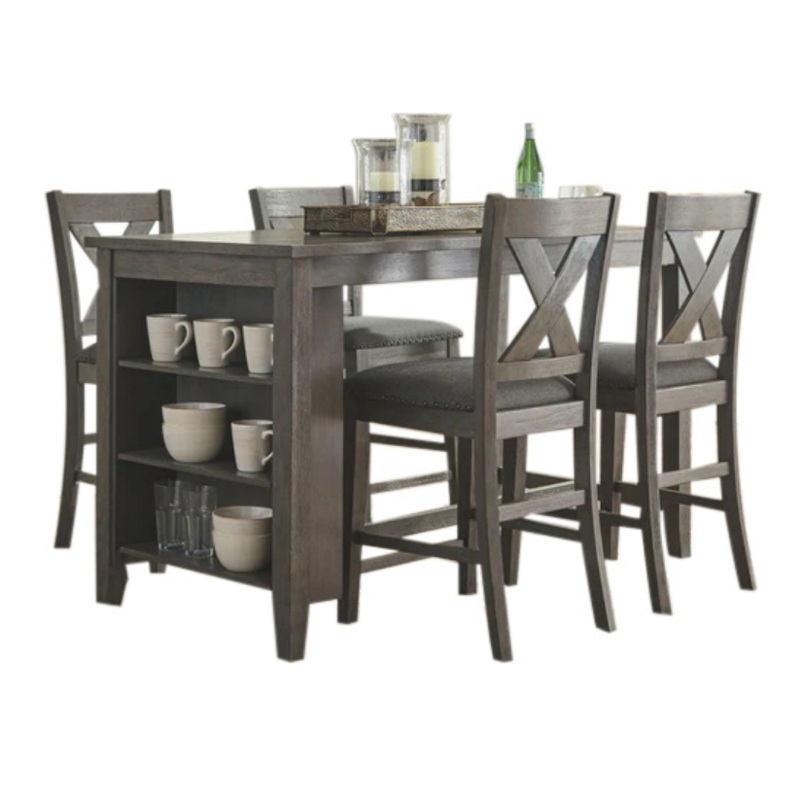 Caitbrook – Gray – 5 Pc. – Counter Table, 4 Upholstered Barstools