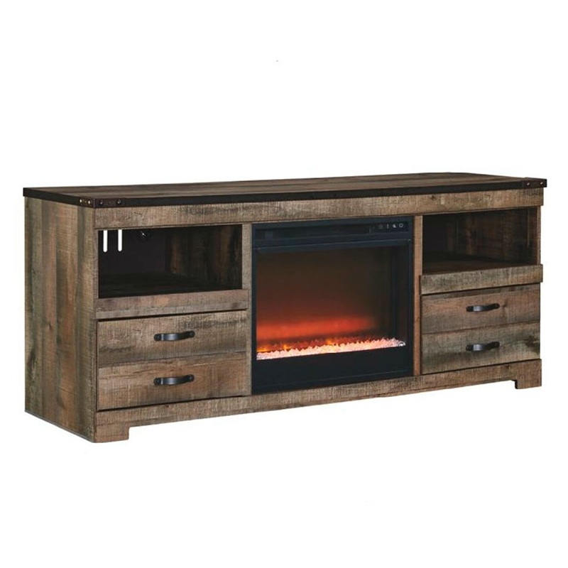 Trinell – Brown – 2 Pc. – 63″ TV Stand With Fireplace Insert Glass/Stone