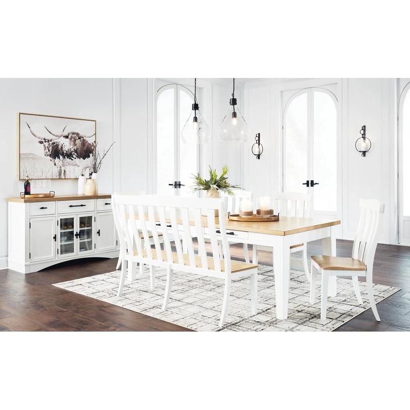 Ashbryn – White / Natural – 7 Pc. – Dining Table, 4 Side Chairs, Double Dining Chair, Server