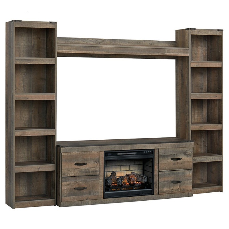 Trinell – Brown – 4-Piece Entertainment Center With 60″ TV Stand And Faux Firebrick Fireplace Insert