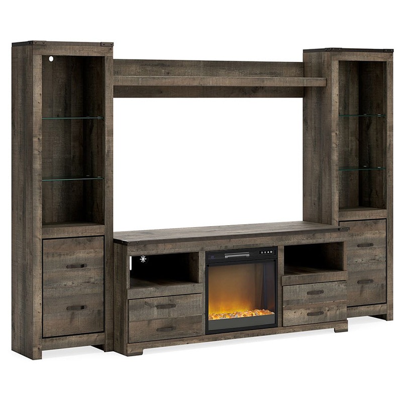 Trinell – Brown – 4-Piece Entertainment Center With 63″ TV Stand And Glass/Stone Fireplace Insert