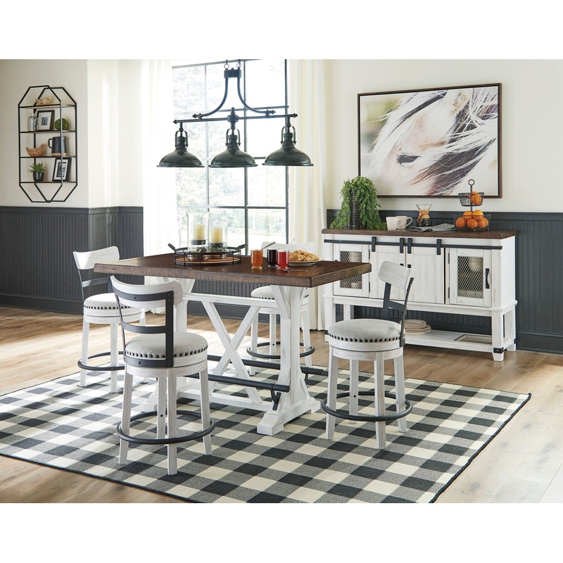 Valebeck – White – 6 Pc. – Counter Table, 4 Swivel Barstools, Server