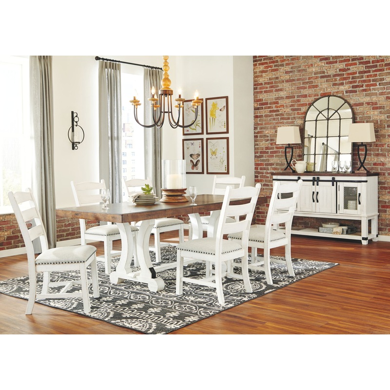 Valebeck – White / Brown – 8 Pc. – Dining Room Table, 6 Side Chairs, Server