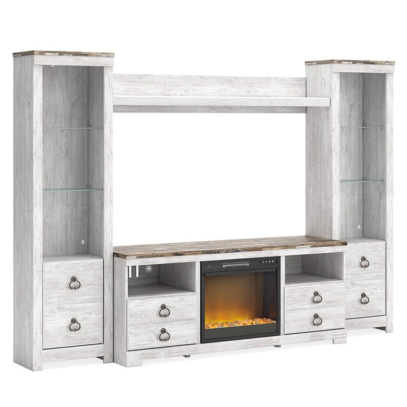 Willowton – Whitewash – 4-Piece Entertainment Center With 64″ TV Stand And Glass/Stone Fireplace Insert