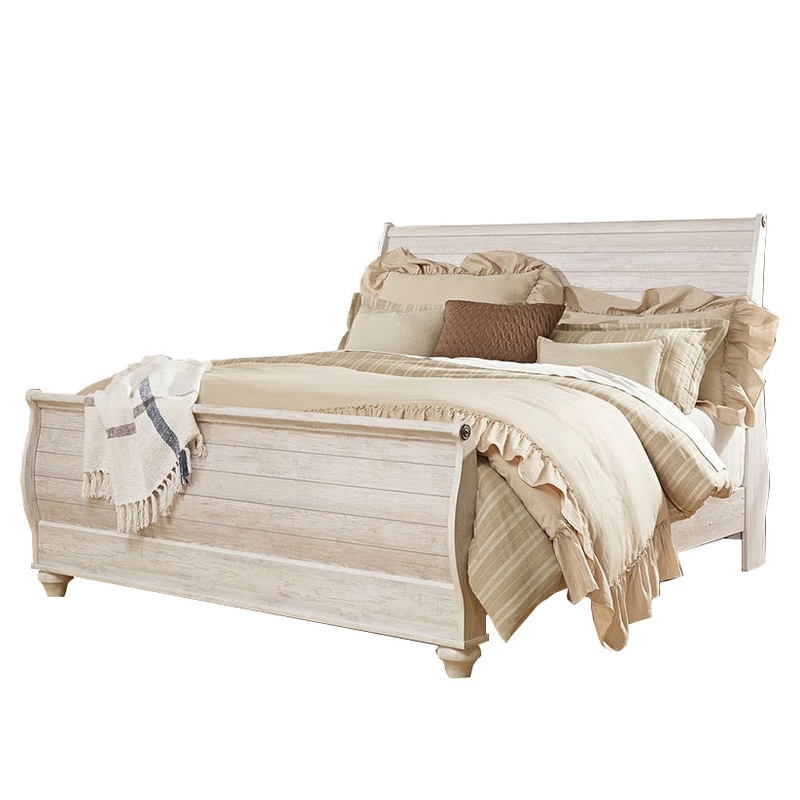 Willowton – Whitewash – King Sleigh Bed With Faux Plank Design