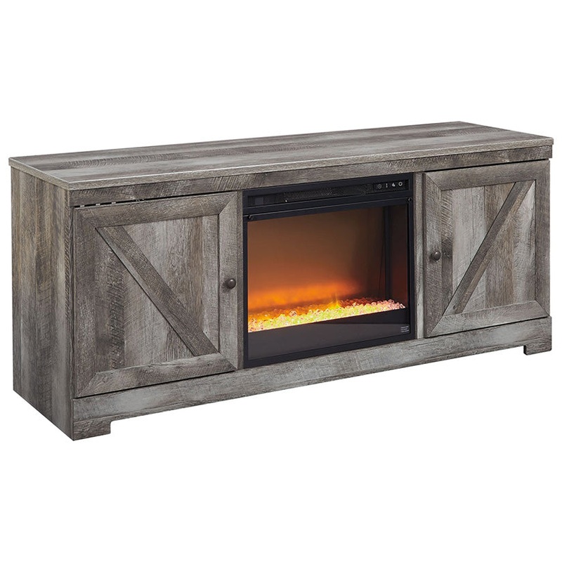 Wynnlow – Gray – 2 Pc. – 63″ TV Stand With Faux Firebrick Fireplace Insert