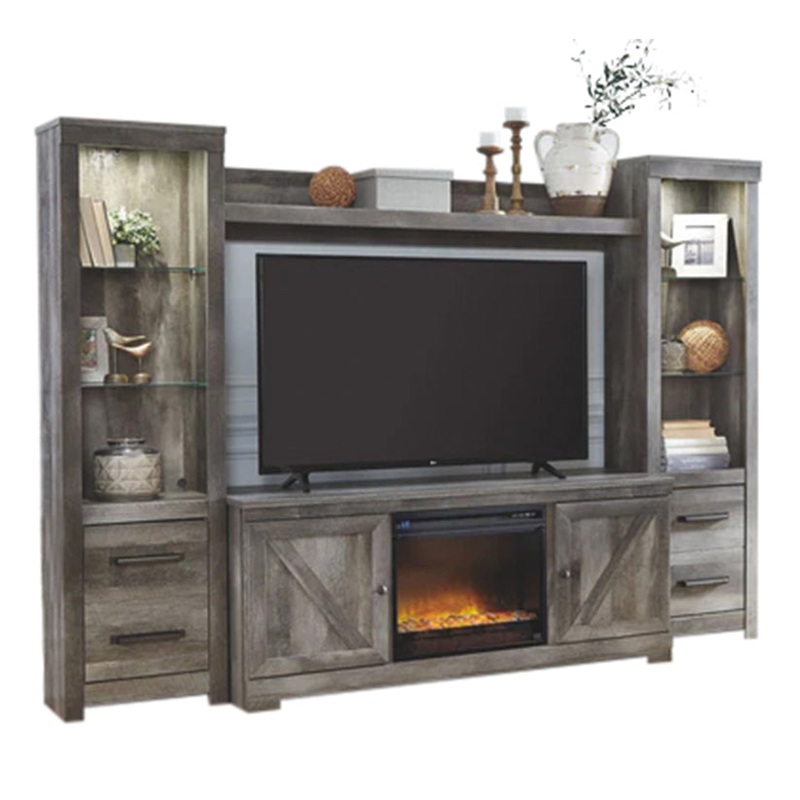 Wynnlow – Gray – 5 Pc. – Entertainment Center – 63″ TV Stand With Fireplace Insert Glass/Stone