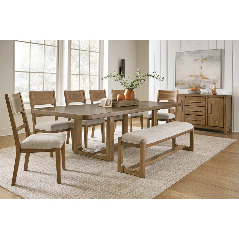 Cabalynn – Oatmeal / Light Brown – 9 Pc. – Dining Room Table, 6 Side Chairs, Bench, Server