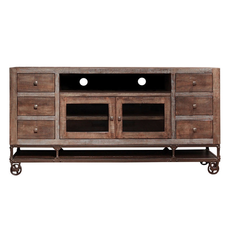 Urban Gold – 76″ TV Stand With 2 Glass Doors / 6 Drawers – Brown / Golden Undertones