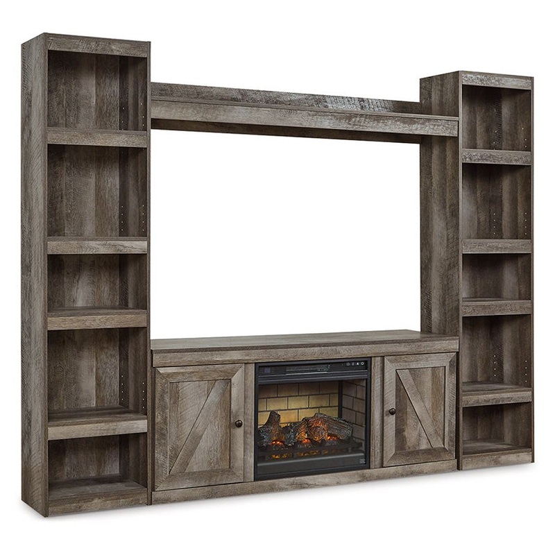 Wynnlow – Gray – 4-Piece Entertainment Center With 60″ TV Stand And Faux Firebrick Fireplace Insert