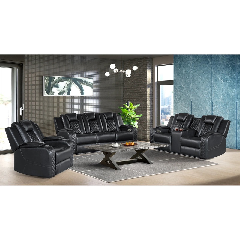 Carlo – 3 Piece Living Room Set (Sofa, Loveseat & Recliner) – Pebble Black