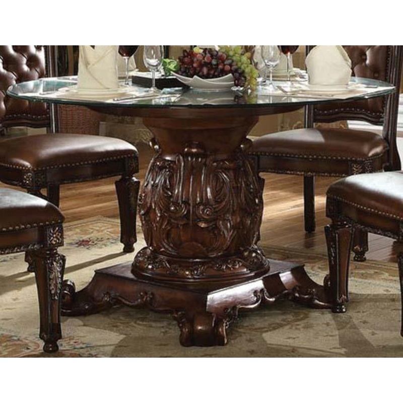 Acme Vendome Single Pedestal Dining Table with 54″ Tempered Glass Top in Cherry 62010