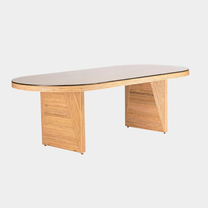 Caren Natural Rattan and Glass 95″ Oval Dining Table