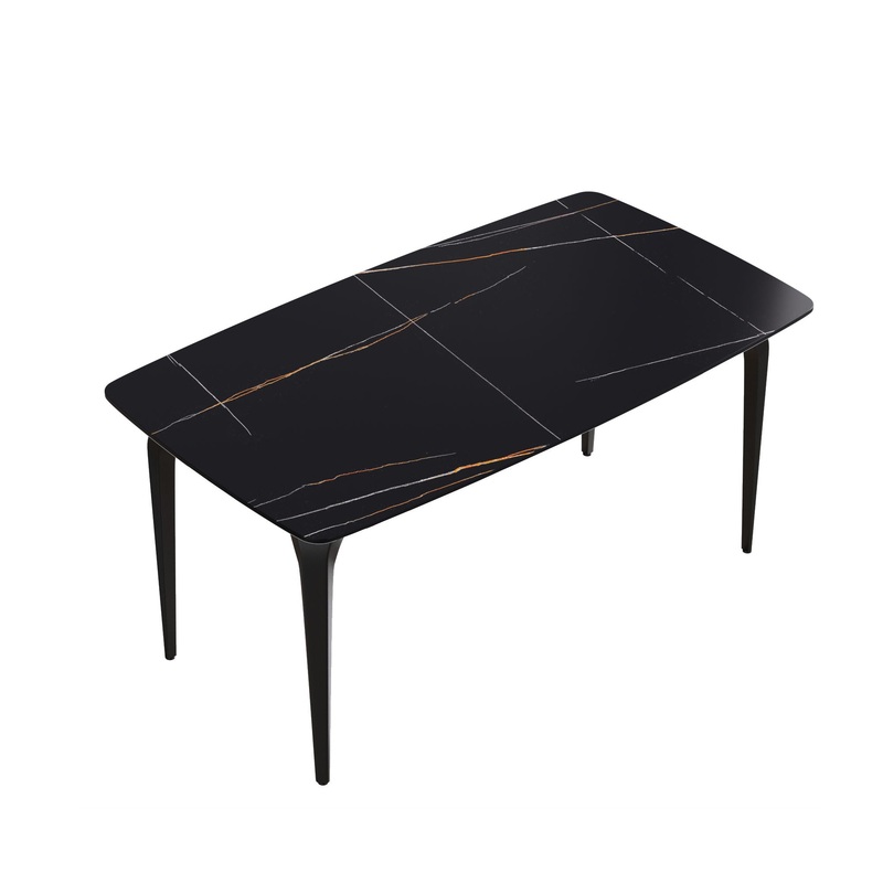 63″ Artificial Stone Black Curved Black Metal Leg Dining Table, 6 People – Black