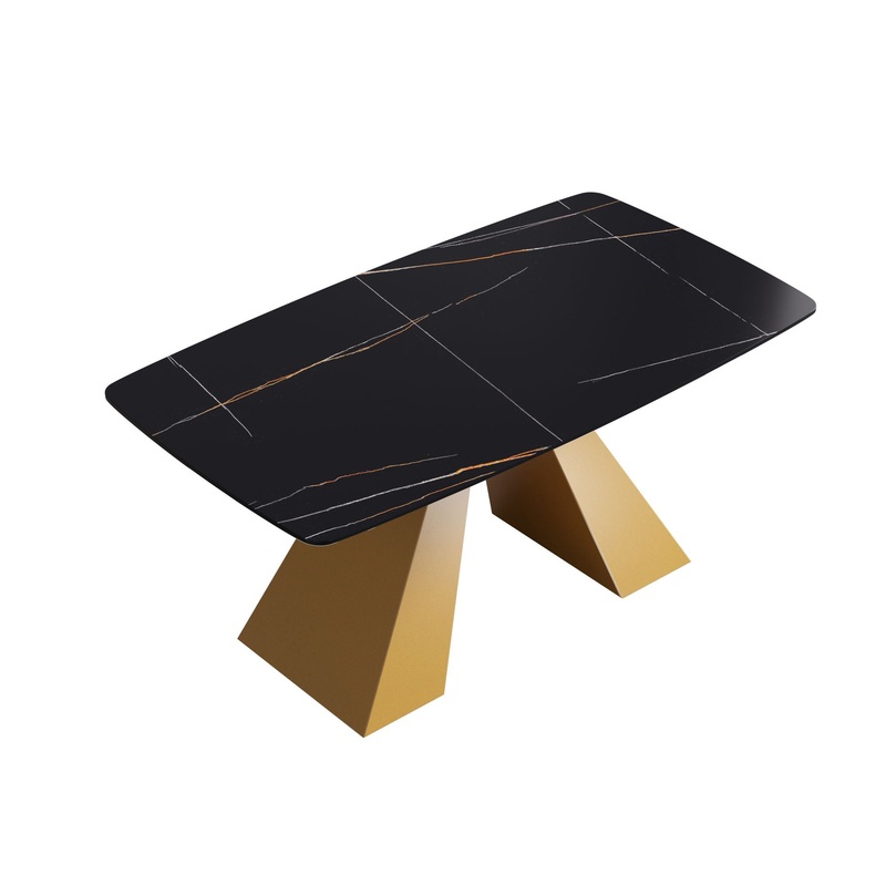 63″ Artificial Stone Black Curved Golden Metal Leg Dining Table, 6 People – Black / Gold