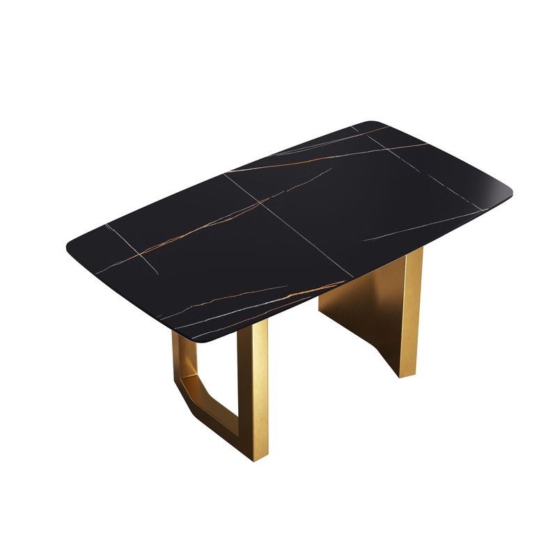 63″ Artificial Stone Curved Golden Metal Leg Dining Table, 6 People – Black / Gold