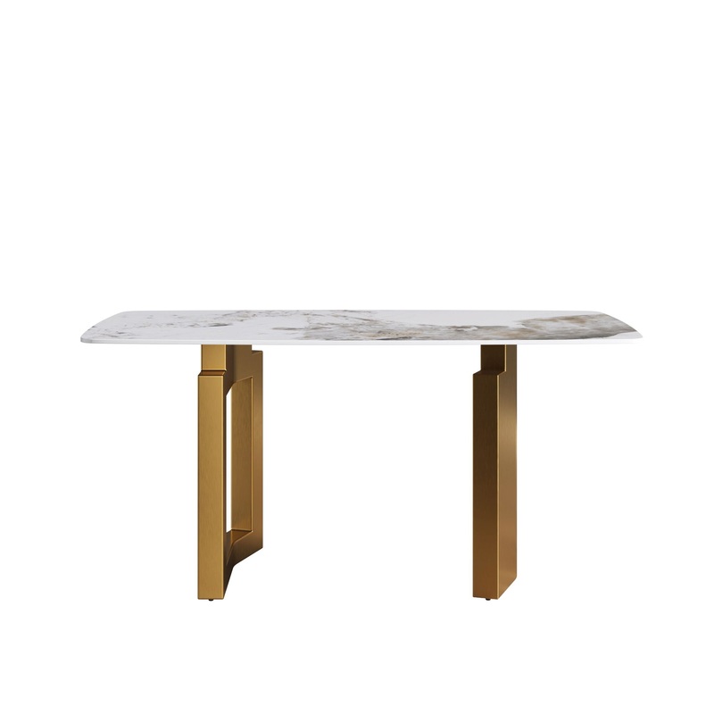 63″ Artificial Stone Pandora White Curved Golden Metal Leg Dining Table, 6 People – Antique White / Gold
