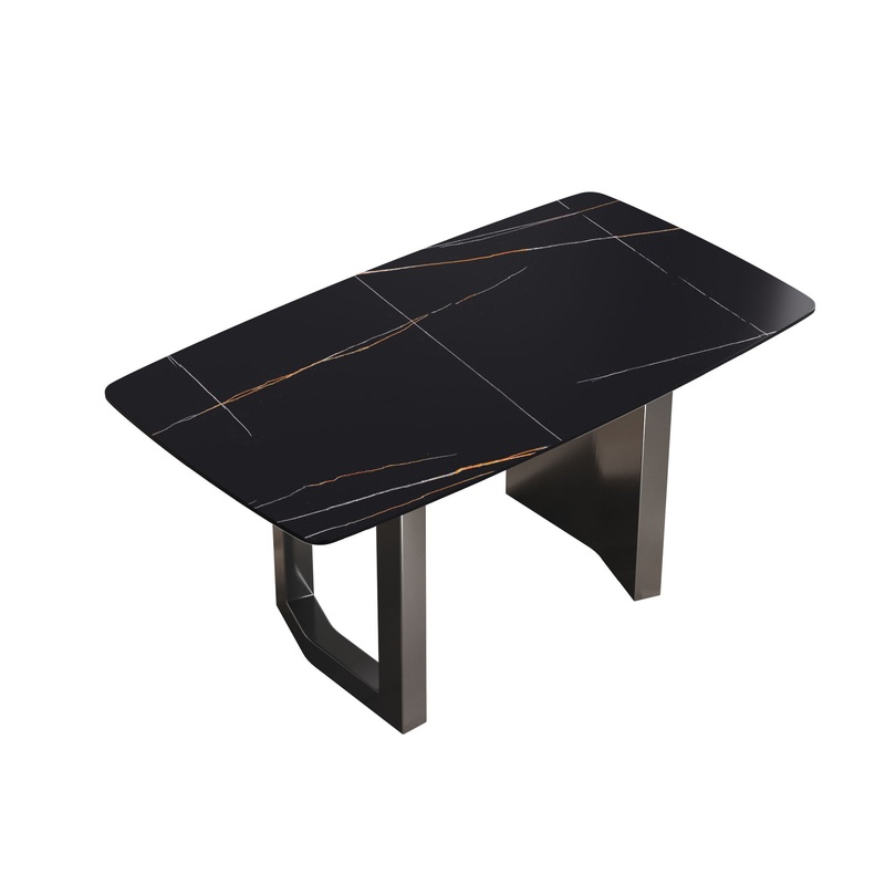 63″ Modern Artificial Stone Black Curved Black Metal Leg Dining Table, 6 People – Black