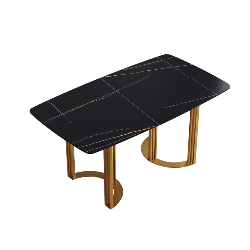 63″ Modern Artificial Stone Curved Golden Metal Leg Dining Table, 6 People – Black / Gold