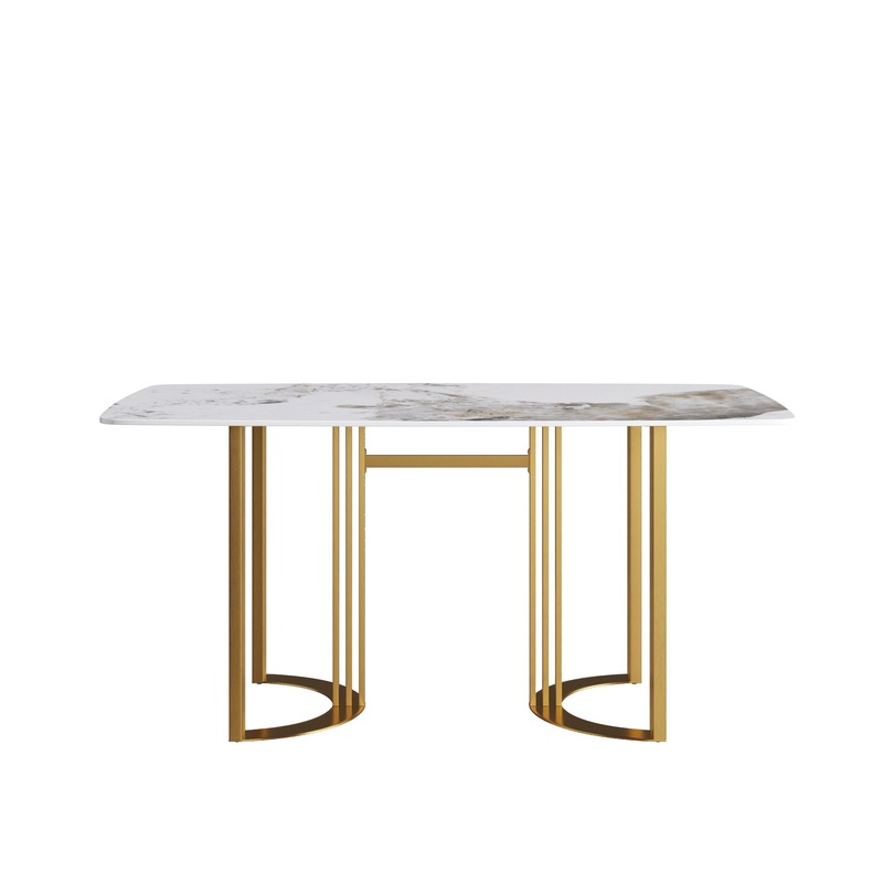 63″ Modern Artificial Stone Pandora White Curved Metal Leg Dining Table, 6 People – Antique White