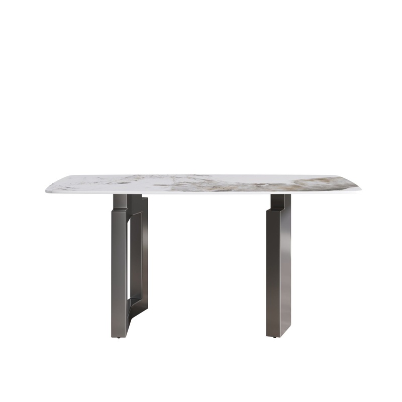 63″ Modern Artificial Stone Pandora White Curved Metal Leg Dining Table, 6 People – Antique White / Black