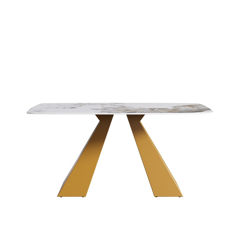 63″ Modern Artificial Stone Pandora White Curved Metal Leg Dining Table, 6 People – Antique White / Gold