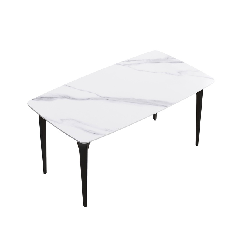 63″ Modern Artificial Stone White Curved Black Metal Leg Dining Table, 6 People – White