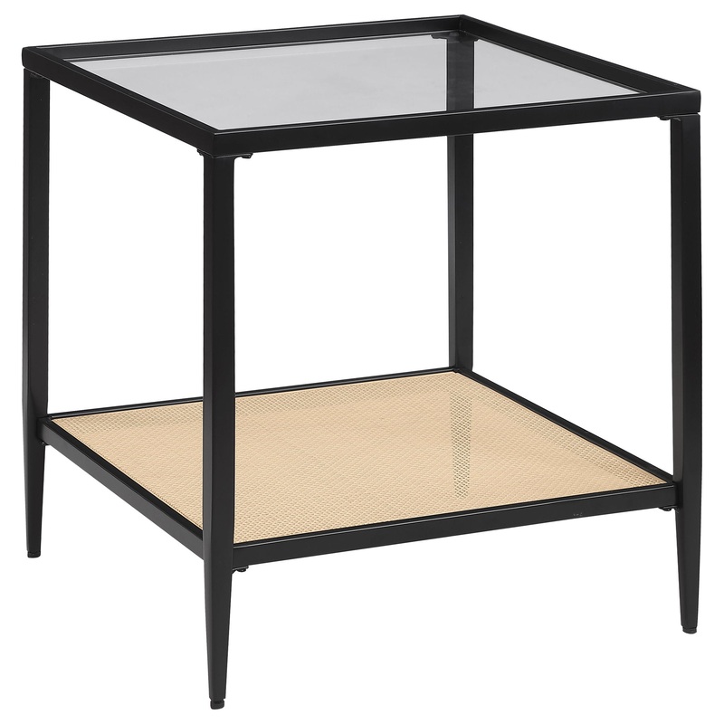 Amherst – Glass Top Metal with Cane Shelf Table