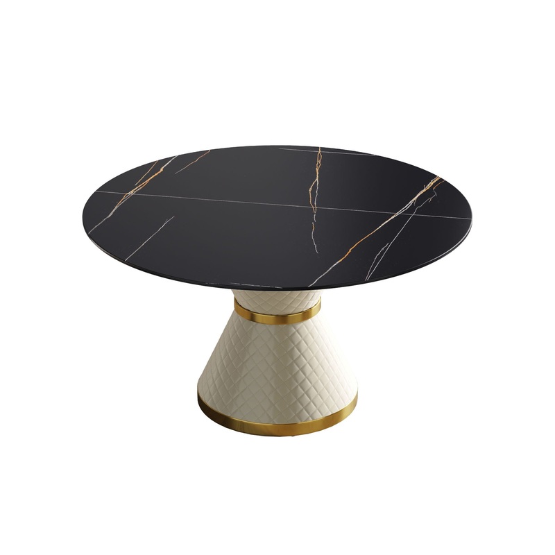 53.15″ Modern Artificial Stone Round Carbon Steel Base Dining Table, Can Accommodate 6 People – Black / White