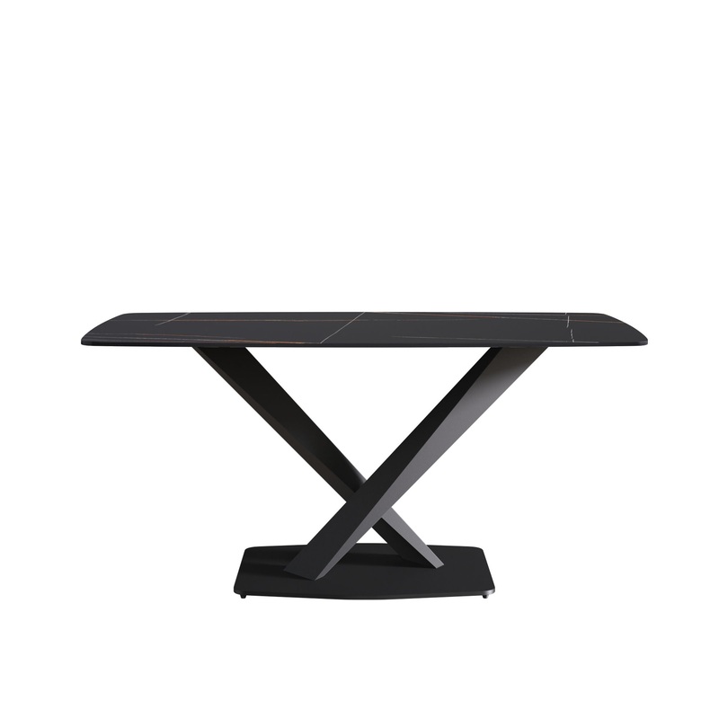 63″ Artificial Stone Black Curved Black Metal Leg Dining Table – Black