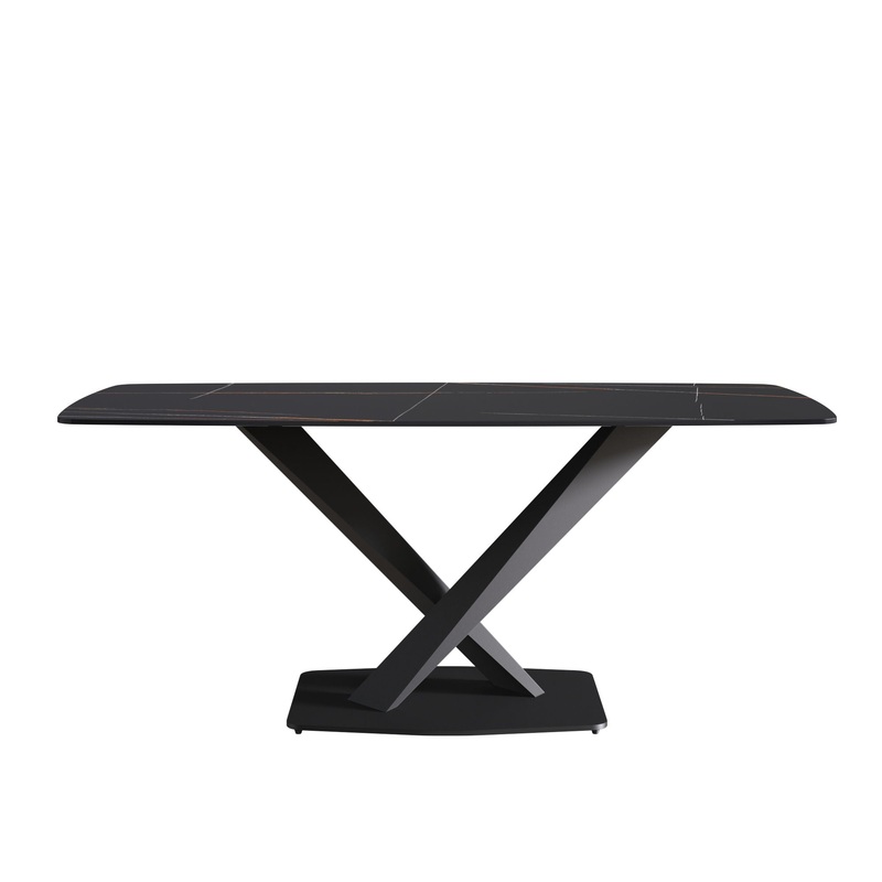 70.87″ Modern Artificial Stone Black Curved Black Metal Leg Dining Table, Can Accommodate 6-8 People – Black