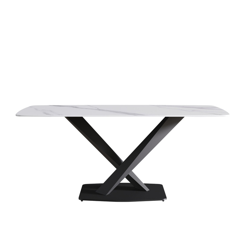 70.87″ Modern Artificial Stone White Curved Black Metal Leg Dining Table, Can Accommodate 6-8 People – White / Black