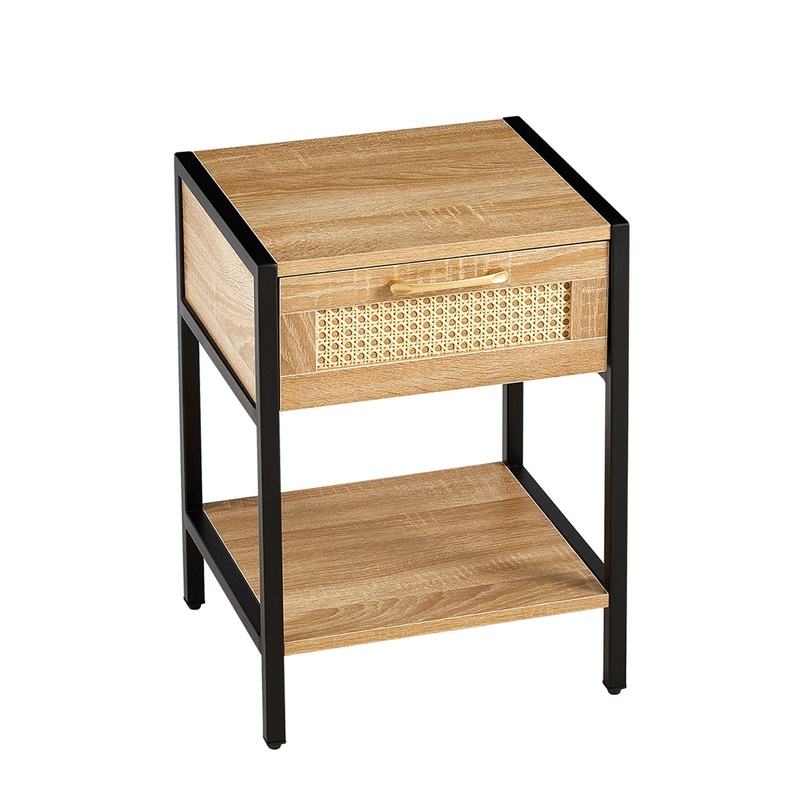 15.74″ Rattan End Table With Drawer, Modern Nightstand, Metal Legs, Side Table For Living Room, Bedroom