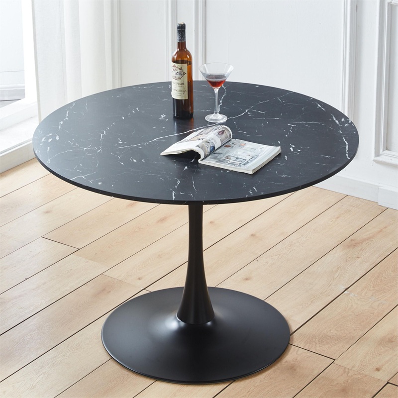 42.1″ Tulip Table Mid-Century Dining Table For 4-6 People With Round MDF Table Top, Pedestal Dining Table, End Table Leisure Coffee Table – Black