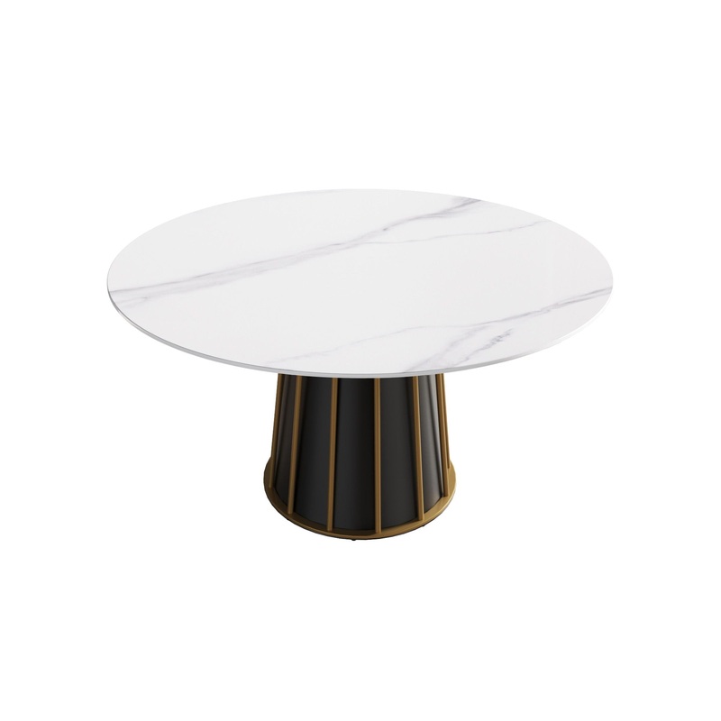 53.15″ Modern Artificial Stone Round Panel Metal Iron Base Dining Table, Can Accommodate 6 People, (Not Including Chairs) – White / Black