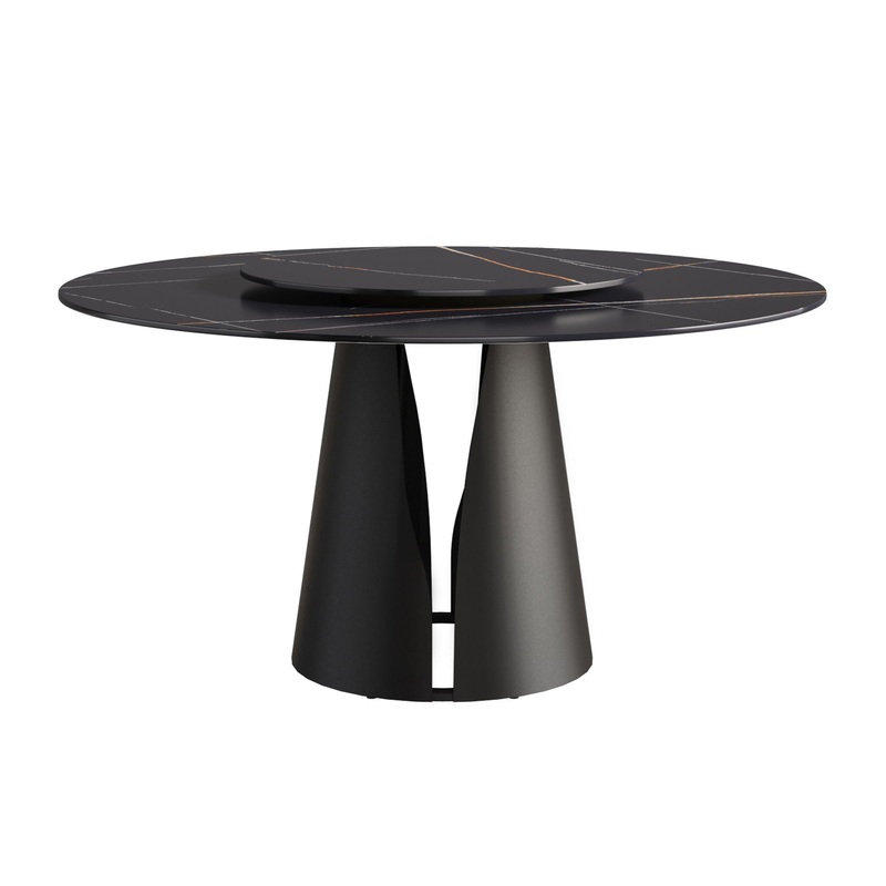53.15″ Round Modern Artificial Stone Carbon Steel Base Dining Table, Can Accommodate 6 People – Black / Gold