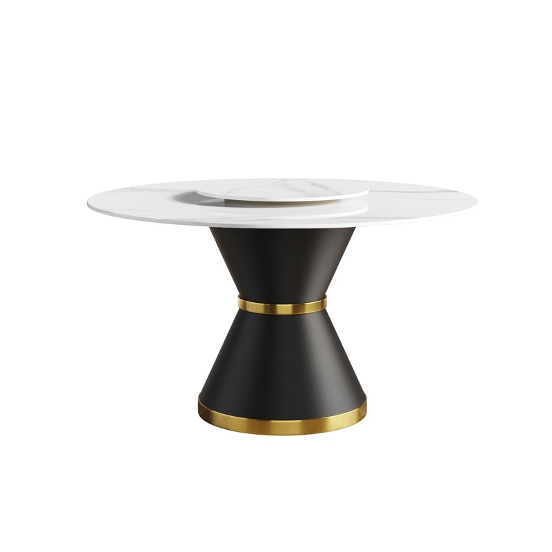 53″ Modern Artificial Stone Round Carbon Steel Base Dining Table, Can Accommodate 6 People, Artificial Stone Turntable – White / Black
