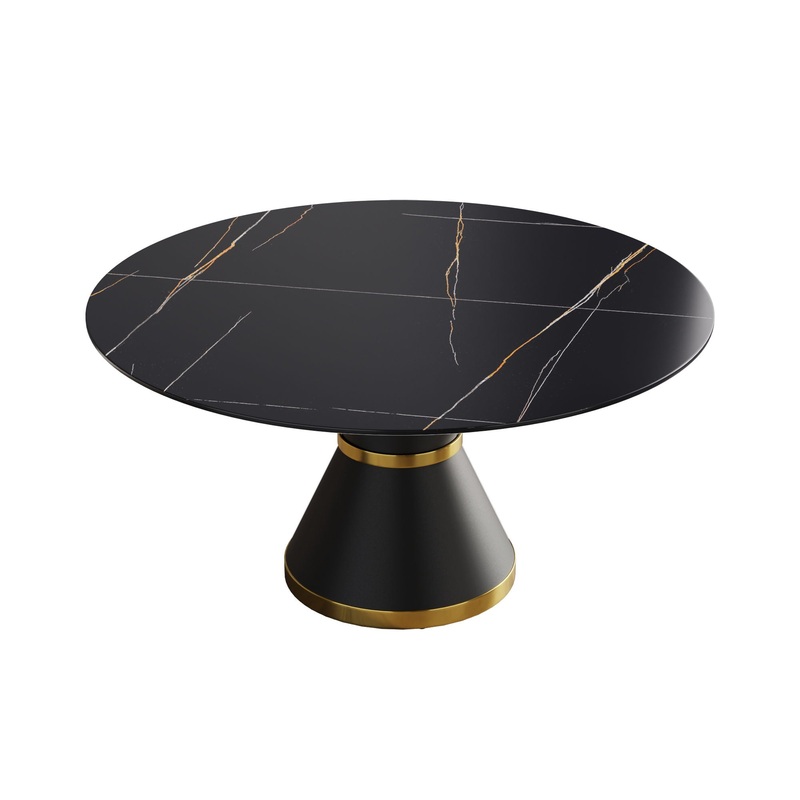 59.05″ Modern Artificial Stone Round Black Carbon Steel Base Dining Table, Can Accommodate 6 People – Black
