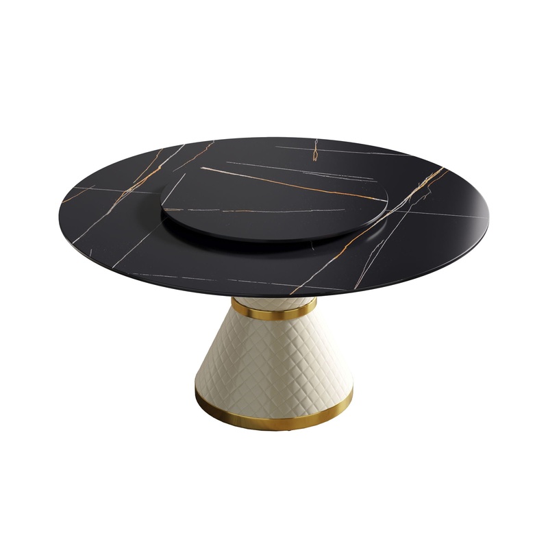 59.05″ Modern Artificial Stone Round Carbon Steel Base Dining Table, Can Accommodate 6 People, Artificial Stone Turntable – White / Black