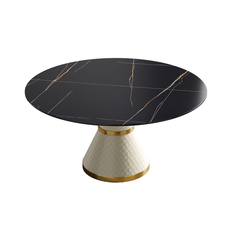 59.05″ Modern Artificial Stone Round Carbon Steel Base Dining Table, Can Accommodate 6 People – Black / White