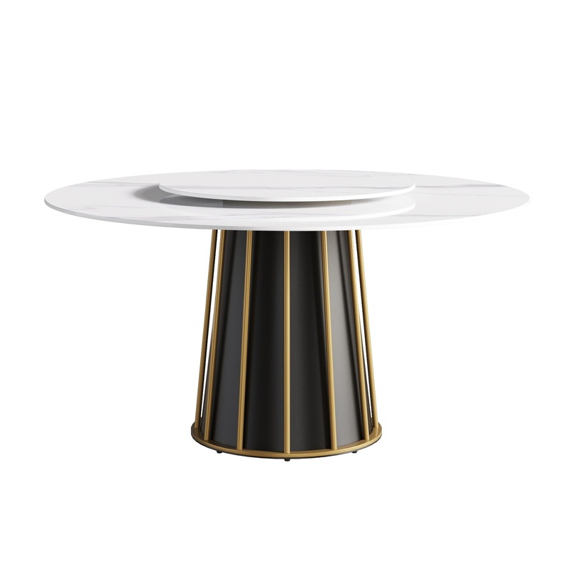 59.05″ Modern Artificial Stone Round Panel Metal Iron Base Dining Table, Can Accommodate 8 People Artificial Stone Turntable (Not Including Chairs) – White / Black