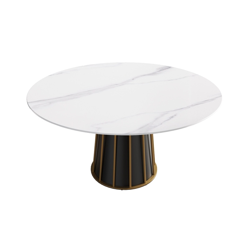 59.05″ Modern Artificial Stone Round Panel Metal Iron Base Dining Table, Can Accommodate 8 People, (Not Including Chairs) – White / Black