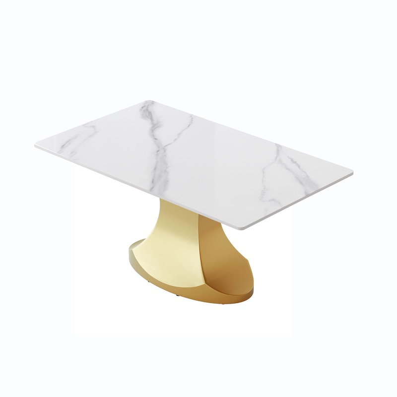 63″ Modern Artificial Stone Panel Golden Stainless Steel Curved Legs, Can Accommodate 6-8 People – White / Gold