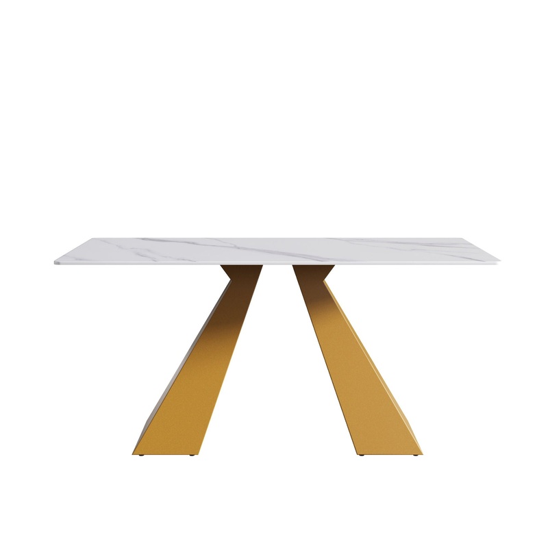 63″ Modern Artificial Stone Straight Edge Golden Metal Leg Dining Table – White / Gold