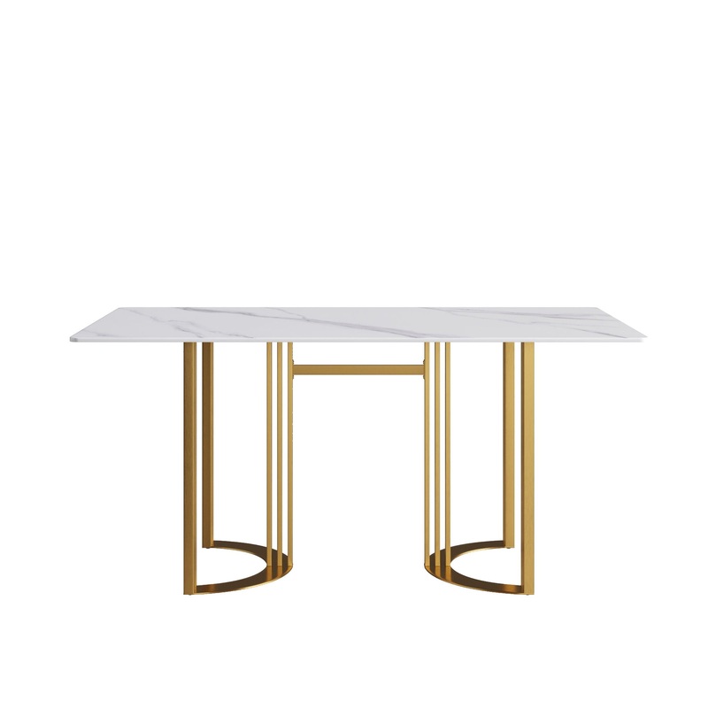 63″ Modern Artificial Stone Straight Edge Metal Leg Dining Table, 6 People – White / Gold